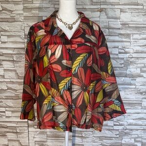 Erin XL Multicolor Floral Print Semi Sheer  Button-Up  Blouse